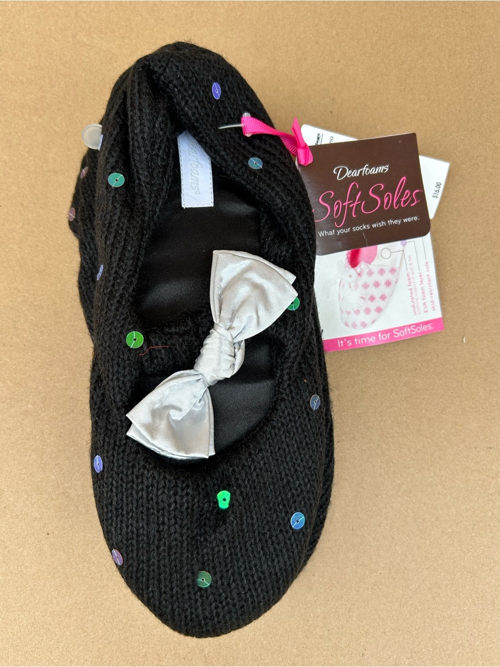 Dearfoams Sot Soles Sequined Ballerinas Bow Black 6.5 7.5 Women’s NWT Y2K